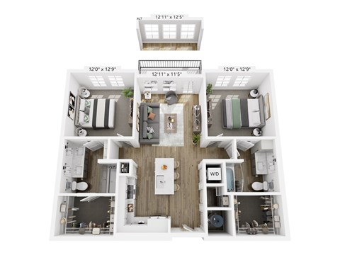 Floor plan for 2 beds, 2 baths, 1061 sqft